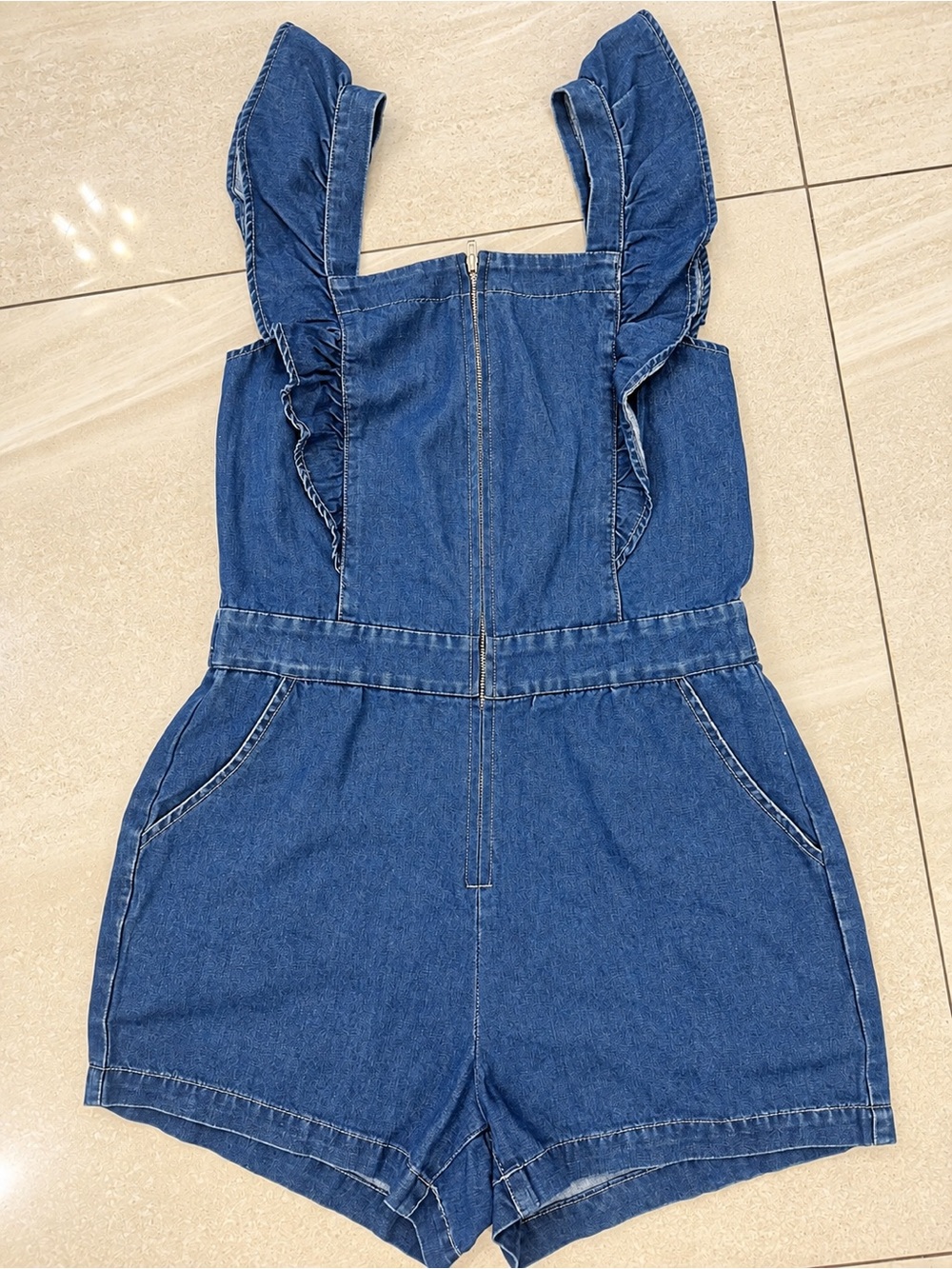 Women’s Denim Ruffle Strap Romper - Blue